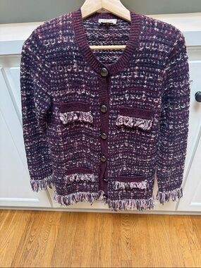 L'AGENCE Berry and Cream Knit Fringe Cardigan